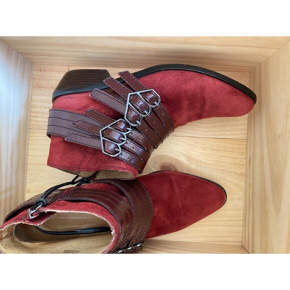L.A.M.B. Nanetta Merlot Suede & Leather Strap Hearts Buckle Ankle Booties Size 6 - Picture 4 of 12